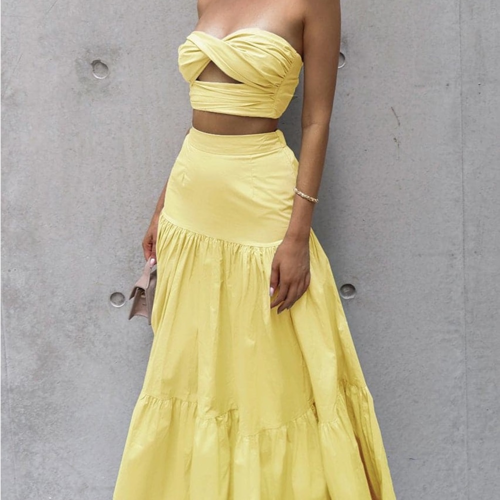 Runaway the Label Ayla Two Piece Set in Lemon - Maxi Skirt and Cross Tube Top